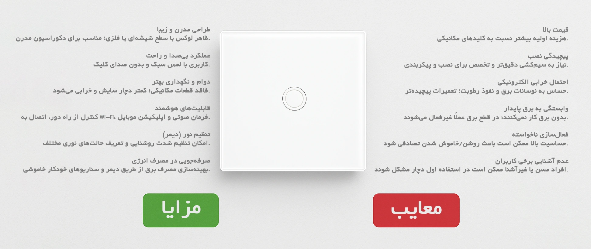 کلید و پریز لمسی چیست و چه تفاوتی با مدلهای مکانیکی دارد؟ 7 کلید و پریز لمسی چیست و چه تفاوتی با مدلهای مکانیکی دارد؟ برای این که خانهای مدرن و لوکس داشته باشید، نیازی به بازسازی پرهزینهی ساختمان نیست؛ گاهی تنها تعویض کلید و پریزهای قدیمی با مدلهای جدید میتواند تغییر چشمگیری در زیبایی فضا ایجاد کند. طی سالهای اخیر، کلیدهای لمسی وارد بازار شدهاند که زمانی حضورشان در خانه غیرقابلباور بود. این محصولات پیشرفته با بهرهگیری از فناوریهای نوین، تجربهی روشن و خاموش کردن چراغها را متحول کردهاند. در این مقاله به زبانی رسمی و در عین حال صمیمانه، ابتدا عملکرد کلید و پریز لمسی را توضیح میدهیم، سپس مزایا و معایب آن را در مقایسه با کلیدهای مکانیکی بررسی میکنیم تا به شما در انتخاب مناسب کمک کنیم. همچنین به برندهای معتبر این حوزه مانند لگراند و دلند اشاره خواهیم کرد که تولیدکنندگان برجستهی این تجهیزات هستند. کلیدهای مکانیکی سنتی چگونه کار میکنند؟ اکثر ما با کلیدهای برق مکانیکی معمولی آشنا هستیم. این کلیدها به صورت کاملاً مکانیکی عمل میکنند؛ یعنی با حرکت یک اهرم یا دکمه، یک قطعهی فلزی در داخل کلید جابهجا میشود و اتصال الکتریکی بین دو رسانا را برقرار یا قطع میکند. به عنوان مثال، وقتی کلید را به بالا یا پایین فشار میدهید، مدار برق بهصورت دستی وصل یا قطع میشود و به این ترتیب لامپ روشن یا خاموش میگردد. این طرح سادهی فیزیکی سالهاست که در سیمکشی ساختمانهای مسکونی و صنعتی مورد استفاده قرار میگیرد و امتحان خود را پس داده است. کلیدهای مکانیکی انواع مختلفی مانند کلیدهای تکپل، دوپل، تبدیل یا صلیبی دارند که همگی از همین اصل پایه (قطع و وصل فیزیکی مدار) پیروی میکنند. این کلیدها به دلیل ساختار سادهشان معمولاً قیمت ارزانی دارند و نصب و تعمیرشان نیز نسبتاً کلید لمسی چیست و چگونه